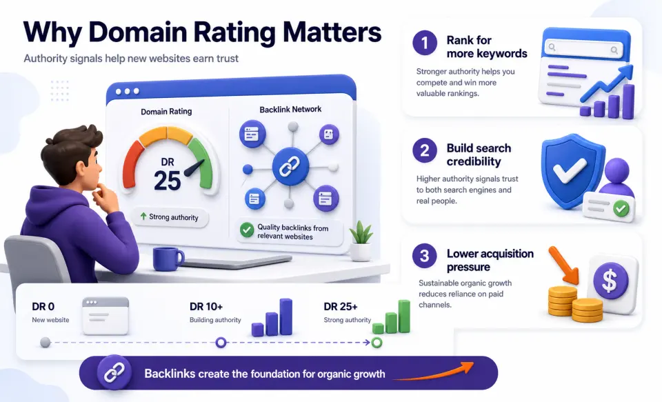 Infographic explaining why Domain Rating matters for early-stage startups, including rankings, credibility, acquisition pressure, and backlink growth