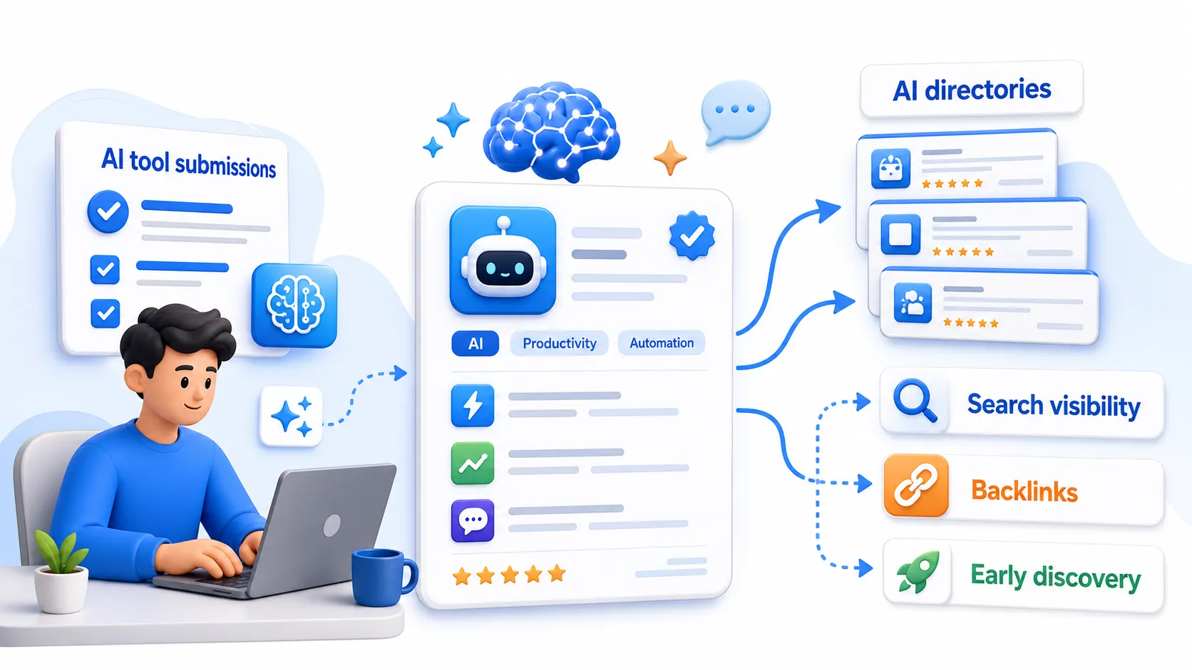 AI tool directory submissions showing AI directories, backlinks, early discovery, and launch visibility