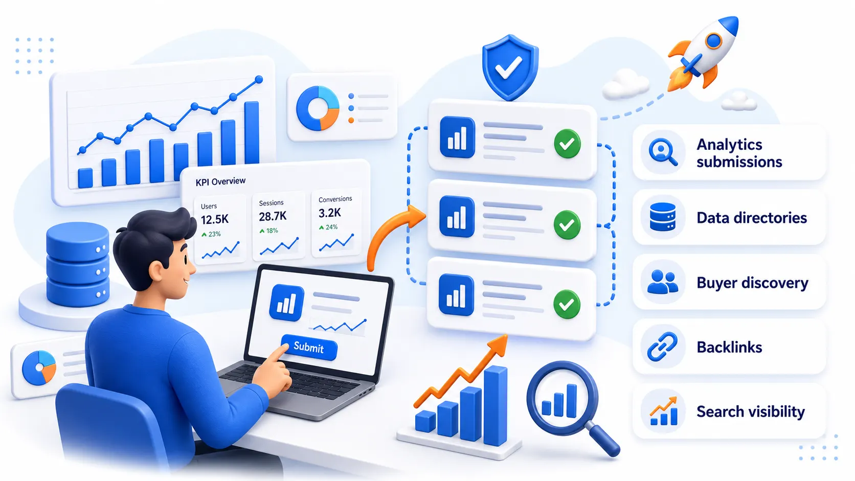 Analytics tool directory submissions showing data directories, buyer discovery, backlinks, and search visibility