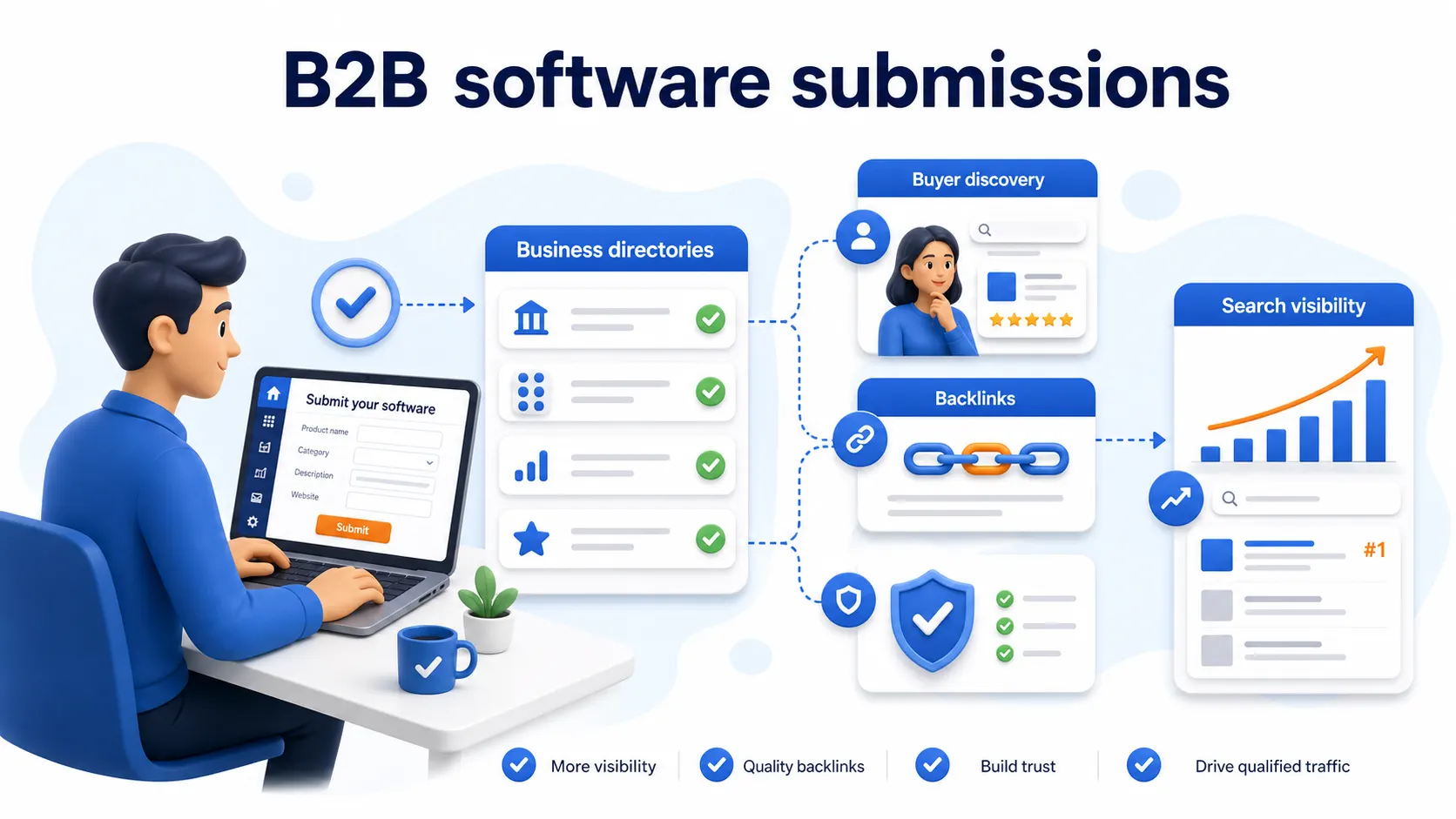 B2B software directory submissions showing business directories, buyer discovery, backlinks, and search visibility