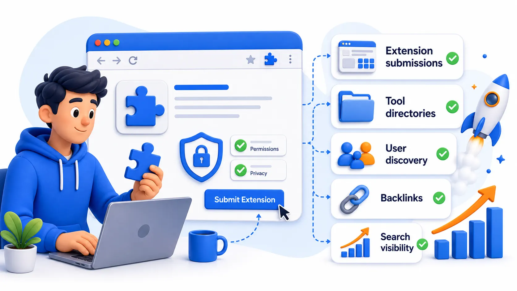 Browser extension directory submissions showing tool directories, user discovery, backlinks, and search visibility