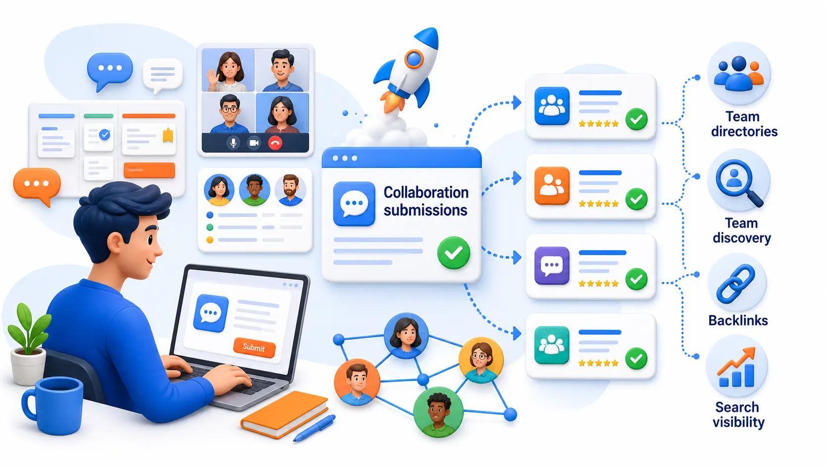 Communication tool directory submissions showing team directories, team discovery, backlinks, and search visibility