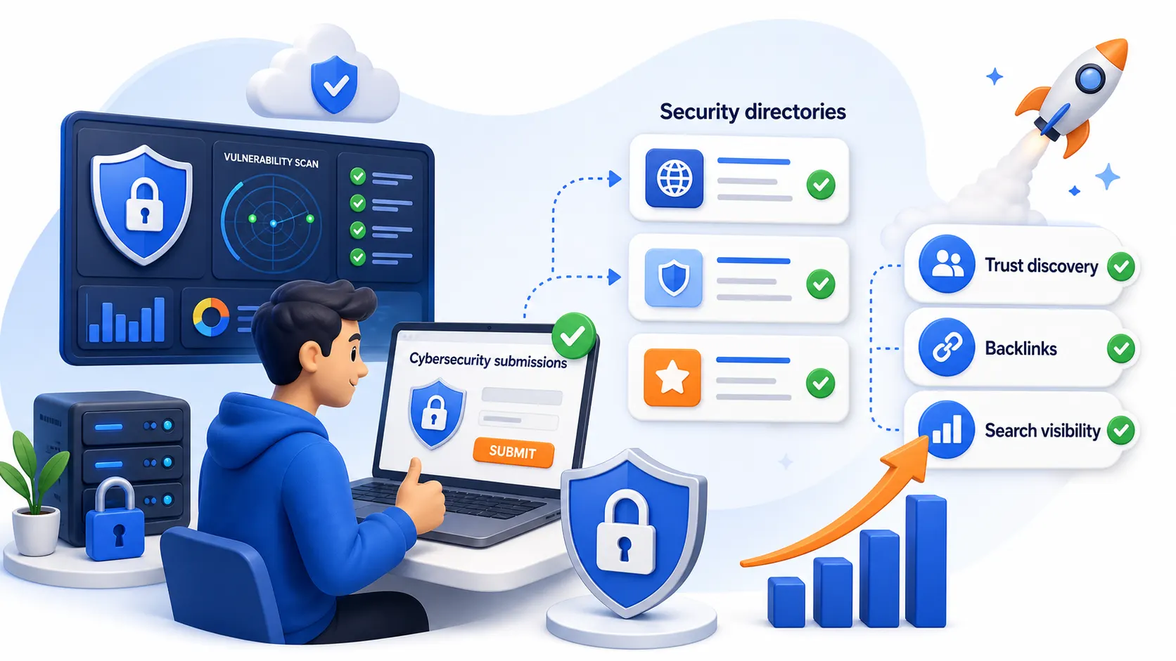 Cybersecurity directory submissions showing security directories, trust discovery, backlinks, and search visibility