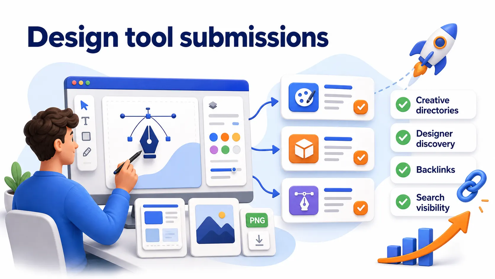 Design tool directory submissions showing creative directories, designer discovery, backlinks, and search visibility