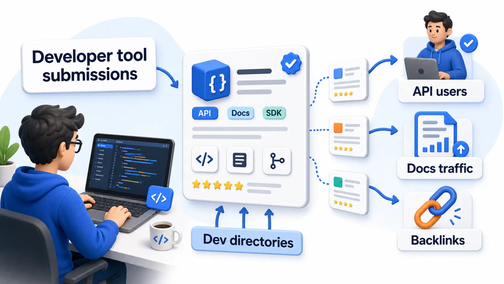 Developer tool directory submissions showing API users, docs traffic, developer directories, and backlinks