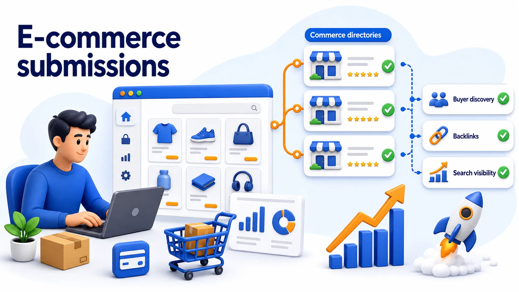 E-commerce directory submissions showing commerce directories, buyer discovery, backlinks, and search visibility