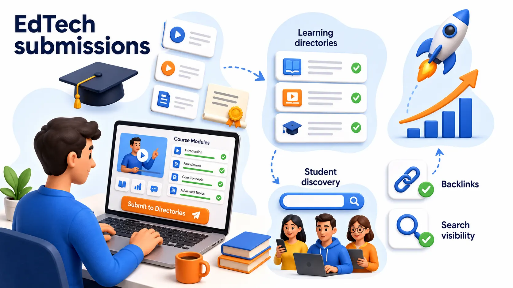EdTech directory submissions showing learning directories, student discovery, backlinks, and search visibility