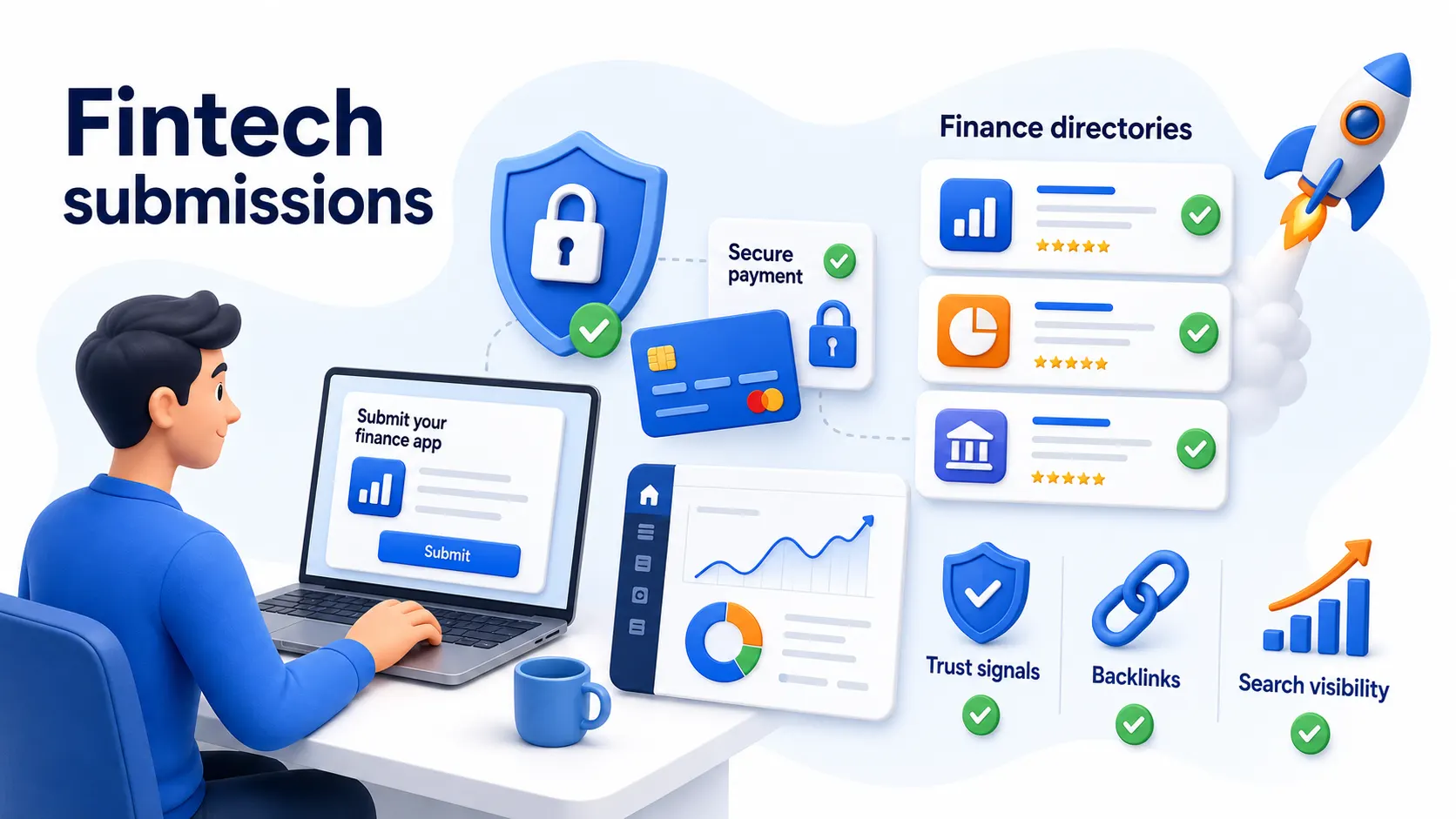 Fintech directory submissions showing finance directories, trust signals, backlinks, and search visibility