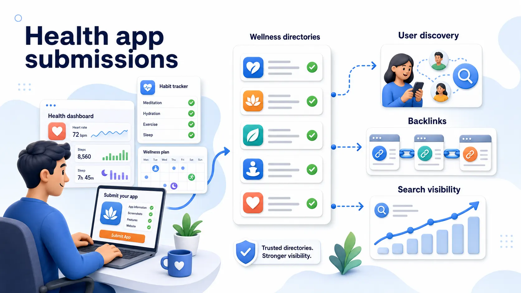 Health and wellness app directory submissions showing wellness directories, user discovery, backlinks, and search visibility