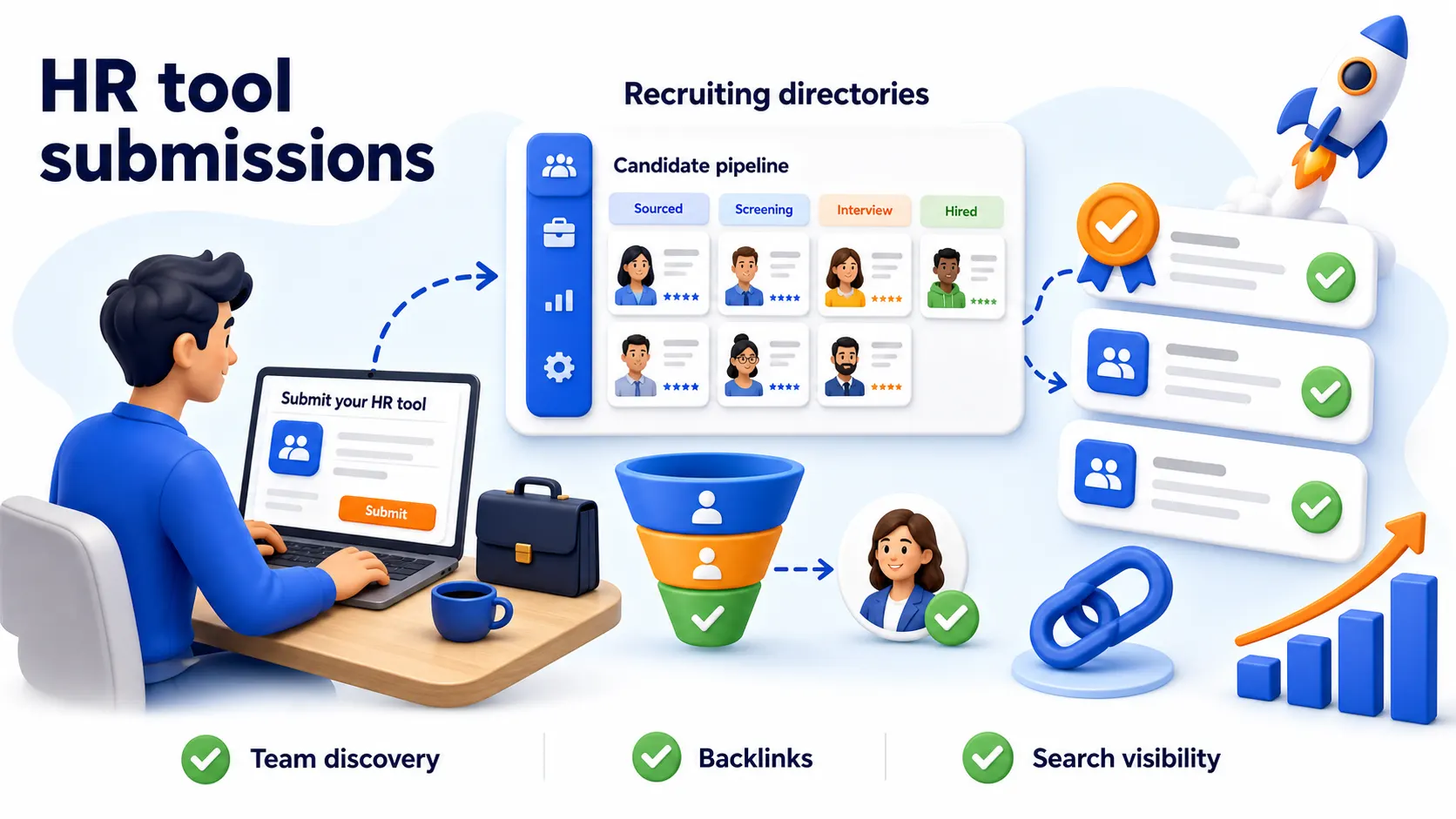 HR tool directory submissions showing recruiting directories, team discovery, backlinks, and search visibility