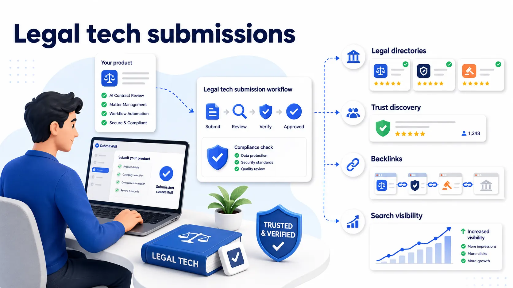 Legal tech directory submissions showing legal directories, trust discovery, backlinks, and search visibility