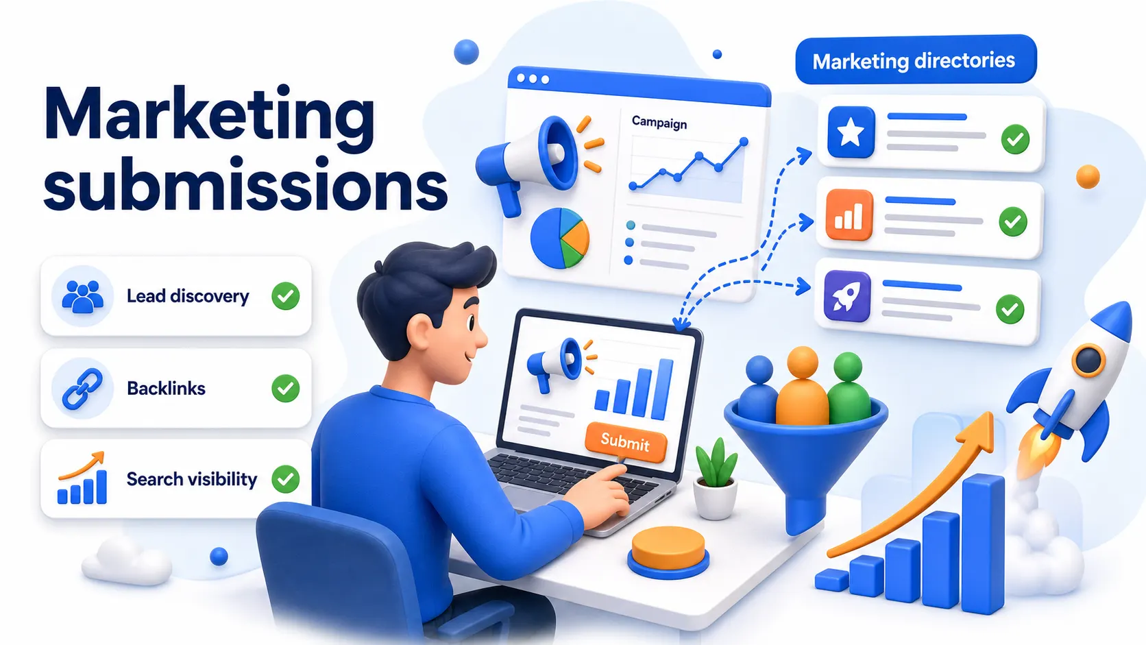 Marketing tool directory submissions showing marketing directories, lead discovery, backlinks, and search visibility