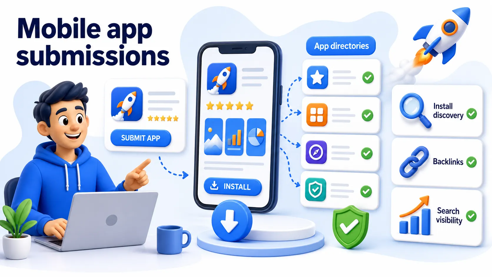 Mobile app directory submissions showing app directories, install discovery, backlinks, and search visibility