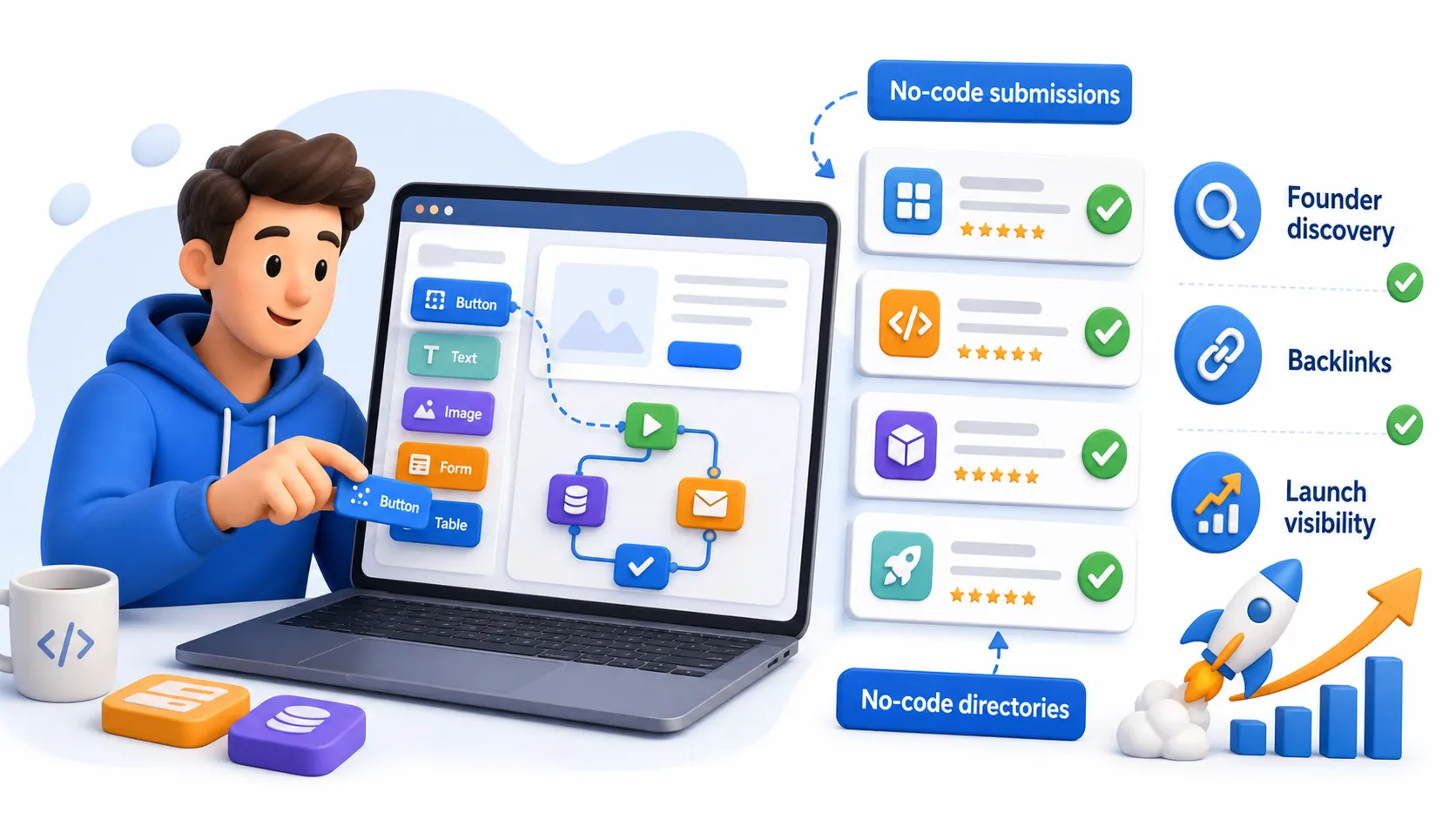 No-code directory submissions showing visual app builder blocks, no-code directories, backlinks, and founder discovery