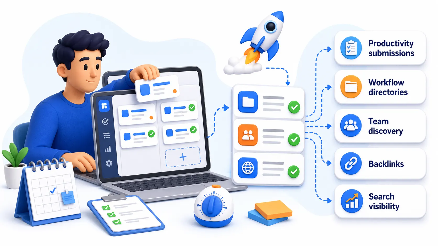 Productivity app directory submissions showing workflow directories, team discovery, backlinks, and search visibility