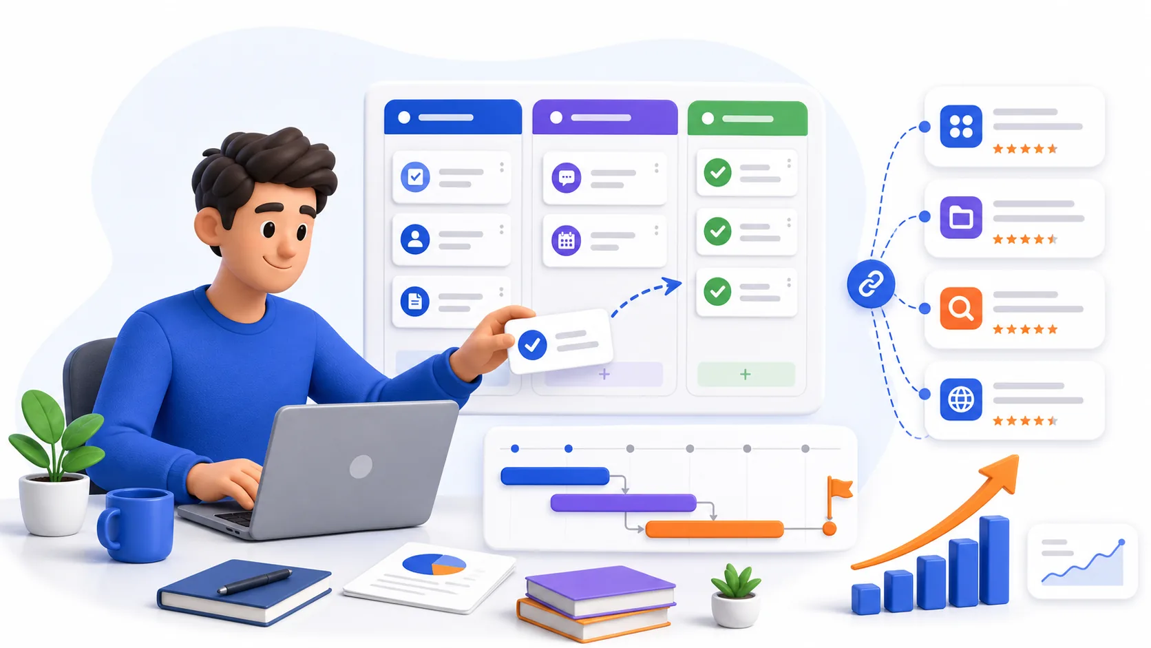 Project management tool directory submissions showing kanban workflow, trusted directory listings, backlinks, and launch visibility