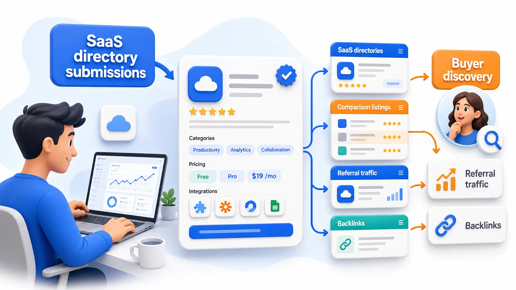 SaaS directory submissions showing buyer discovery, comparison listings, referral traffic, and backlinks