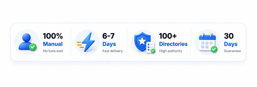 100% manual, 6-7 days fast delivery, 100+ directories, and 30 days guarantee